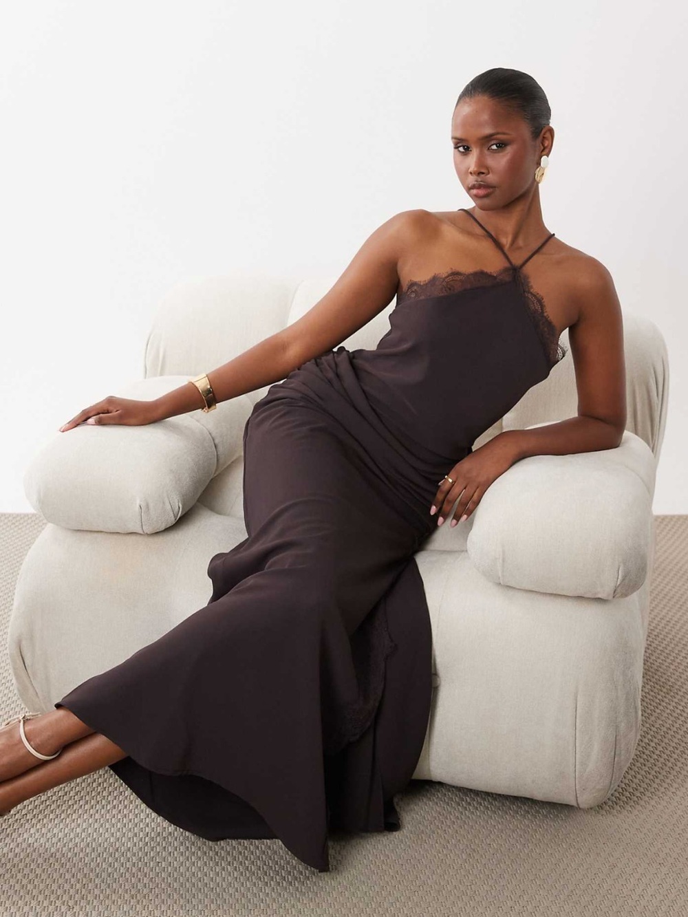 Satin Lace-Trim Halter Dress in Deep Brown